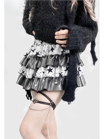 Black&White Star Print Tiered Skirt