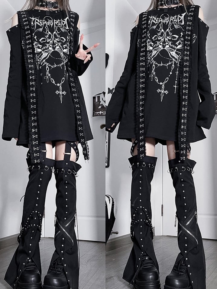 エモロングカットアウトレタートップブラックホワイトパンクスケルトンプリントスリーブショルダー