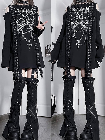 エモロングカットアウトレタートップブラックホワイトパンクスケルトンプリントスリーブショルダー