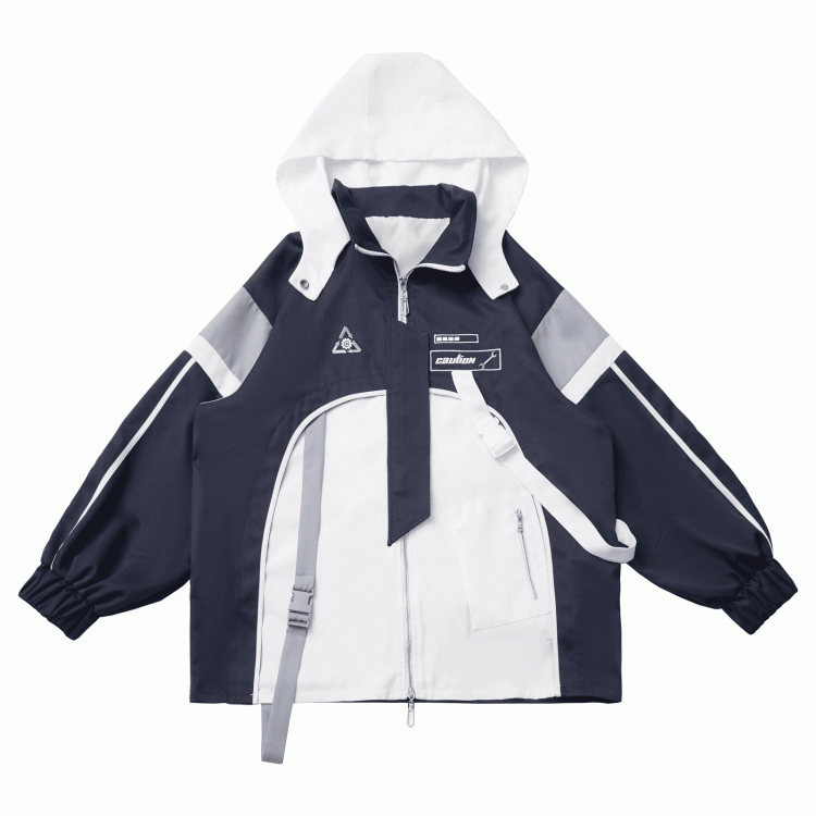 Techwear White and Embroidered | Unisex Blue Jacket Symbols Panels Geometric Asymmetric Futuristic