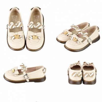 Pattern PU Details Off-white 2cm - Striped Shoes Bow Lolita Bear