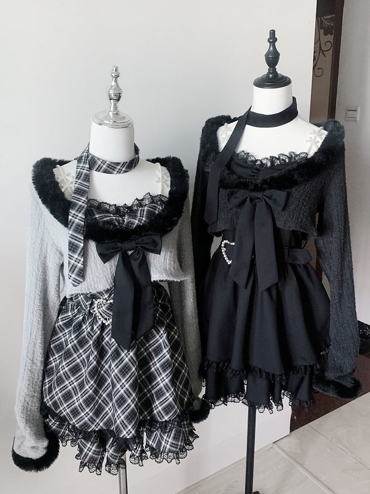 Plaid Heart Jirai Gray Two-Piece - with Crop Fuzzy Belt Trim Cami Top Kei Dress Set Buckle