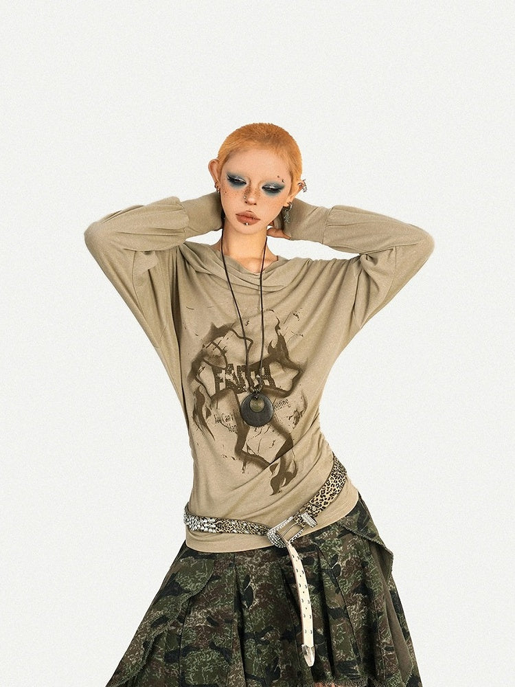 Wasteland Style Cowl Neck Cross Print Long Sleeve Hoodie with Ruffle Details