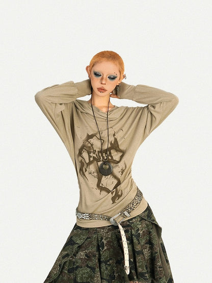 Wasteland Style Cowl Neck Cross Print Long Sleeve Hoodie with Ruffle Details
