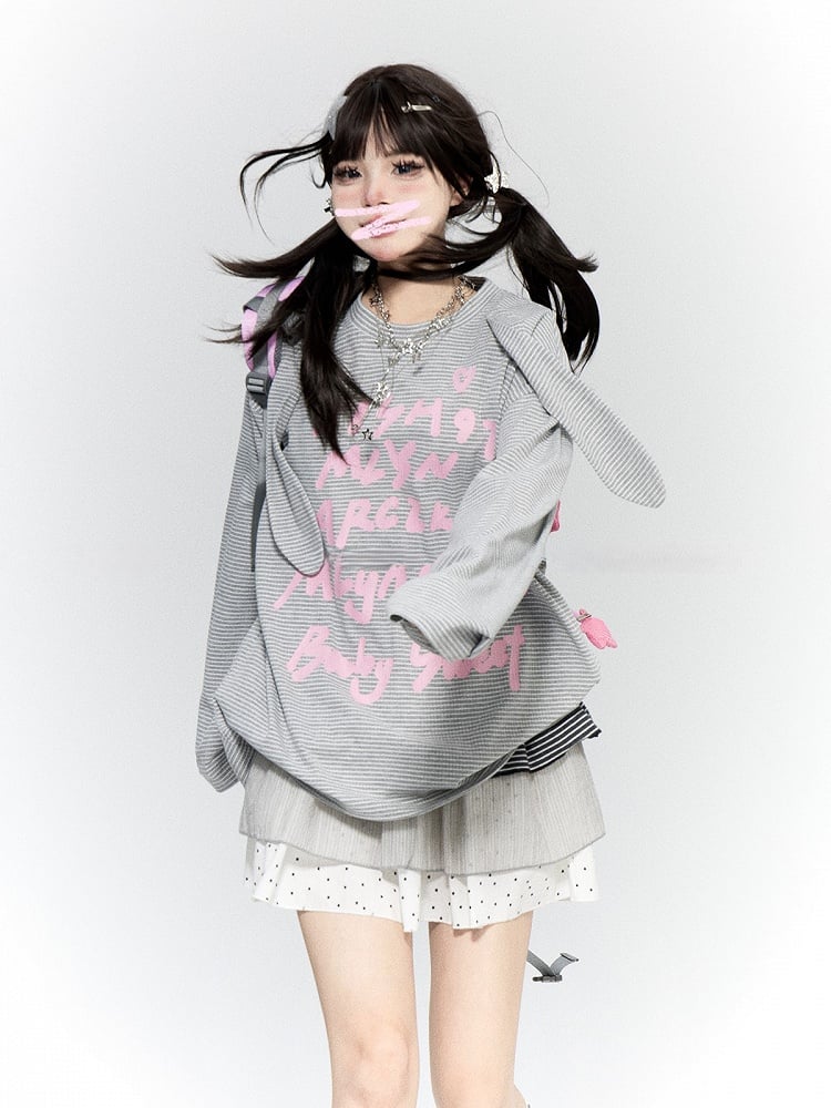 Print with Pink Knit Gray Top White Striped Waffle Bunny Letter Ears