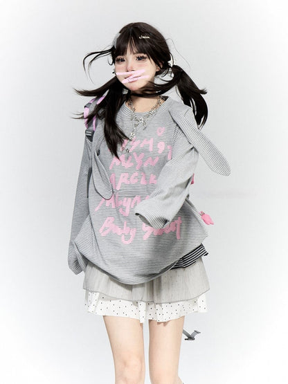 Print with Pink Knit Gray Top White Striped Waffle Bunny Letter Ears