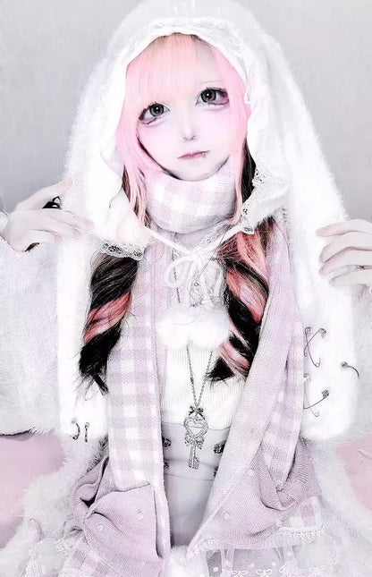 Bunny Ears Plush Hat with Self-tie Pompon Straps and Pin Details White