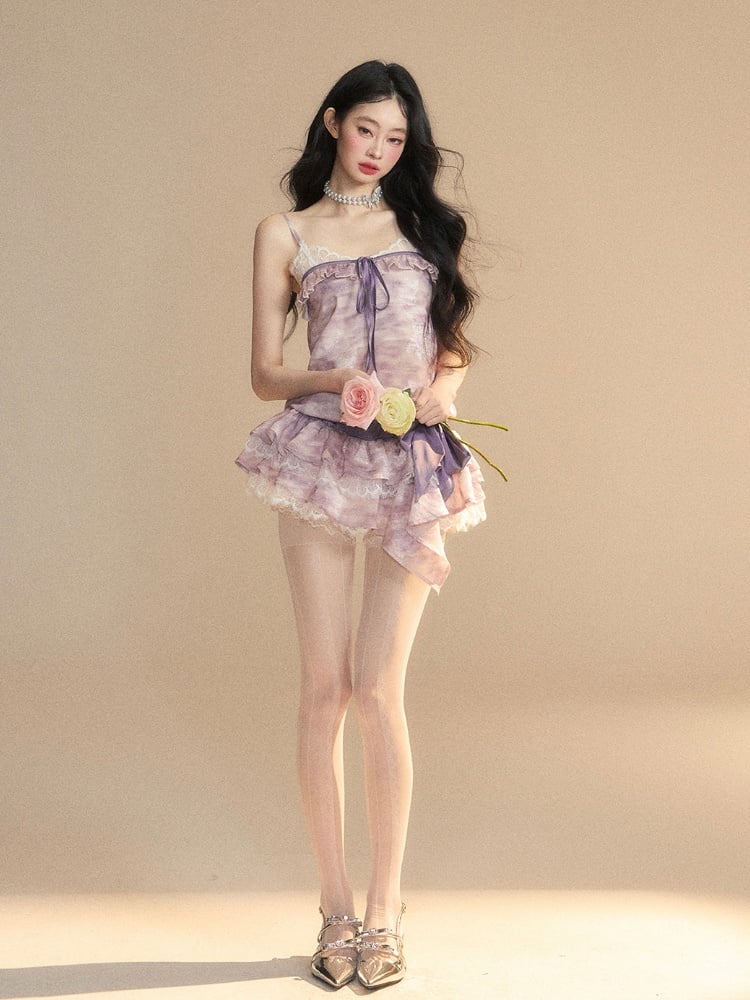 Lavender Oil Strap Tiered with Skirt Slip Dress Mini Painting Self-tie