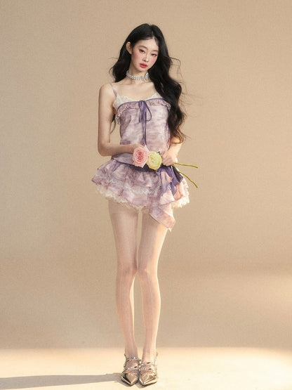 Lavender Oil Strap Tiered with Skirt Slip Dress Mini Painting Self-tie