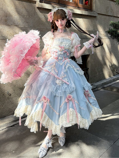 Blaue Basken-Taille mit floralen Schleifenknoten, Hanayome Lolita OP / Komplettset