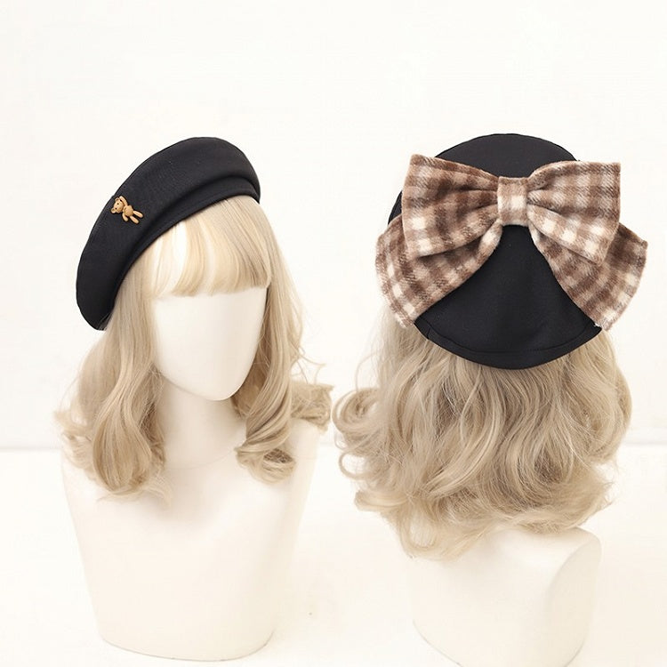 Decoration Coffee/Black Plaid Bear with Beret Bow