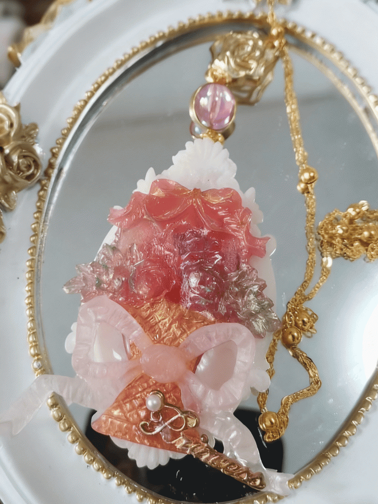 Pink Bowknot Lolita Basket Vintage Floral Cameo Necklace