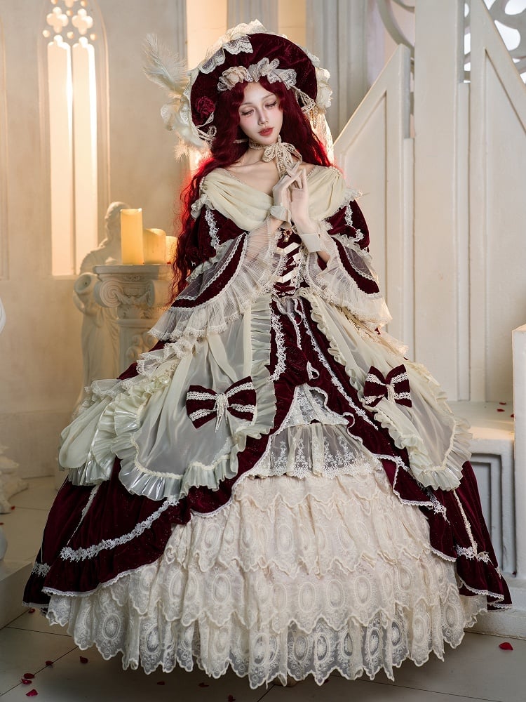 Ruffle High-low Lolita Red Shimmering Velvet Dress Cascading Hanayome and White