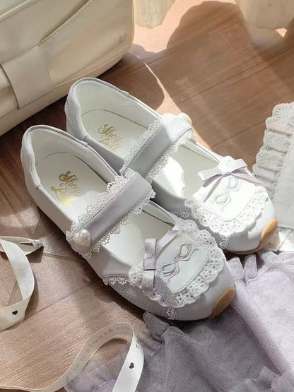 Sneakers Flat with Sweet Bow Lace Edging Gray Decorative Lolita - Velcro Fastening Style