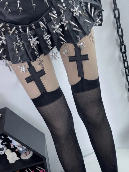 Cross Gyaru Applique Hosenträger Mode Y2K Schwarz/Weiß Strümpfe