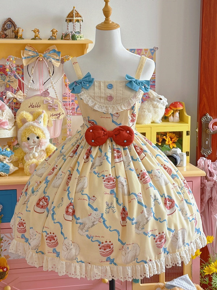 Lolita Print Kleid Gelb Showa Cherry Fashion Creme Sweet Cake Kitty und