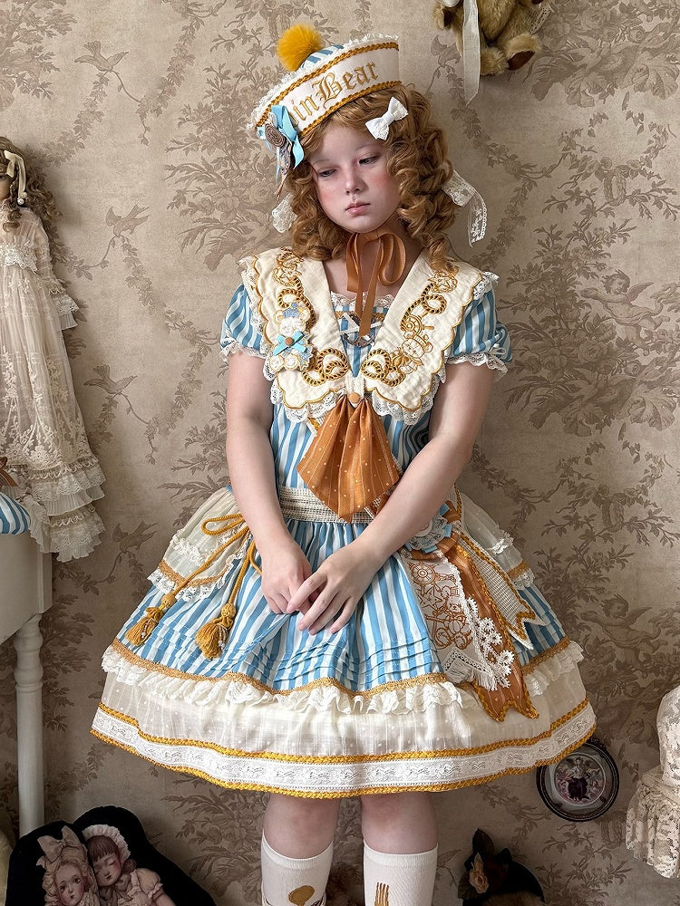 Striped Low Waist Sailor Lolita Dress with Embroidered Collar - Twin Bear Original Design