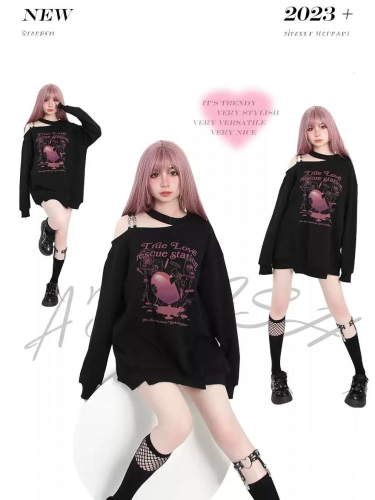 ブラックのカットアウトショルダーハート＆リボンプリントトップス