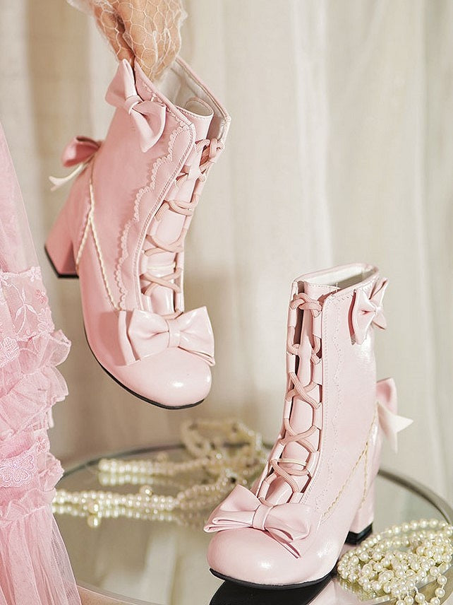 Decor Lolita with Boots Scalloped PU Edges Pink Sweet Bow
