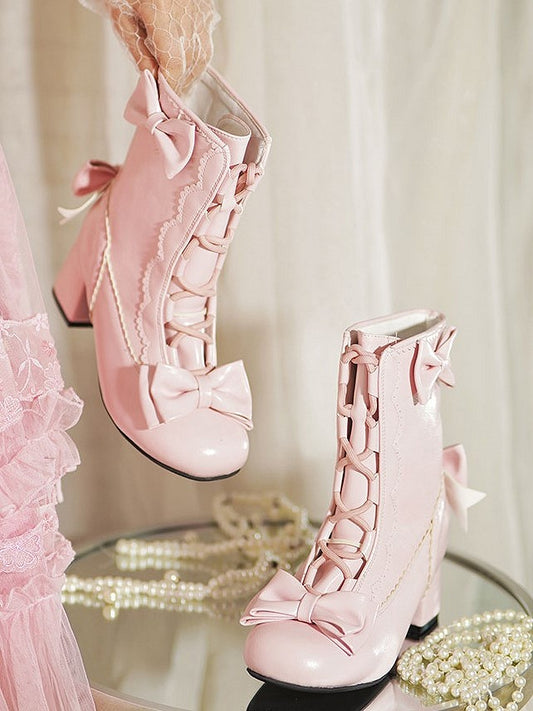 Decor Lolita with Boots Scalloped PU Edges Pink Sweet Bow