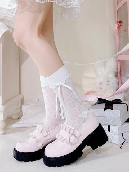 Shoes Jirai 6.5cm Pink Chunky Detail Kei with Loafers Beaded Heel Sweetheart Platform