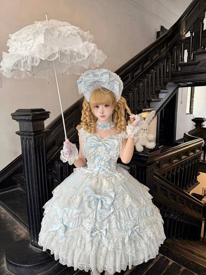 Decor With Dress Multi-Layer Lolita Hanayome-Style JSK Blue Trim Lace Bow