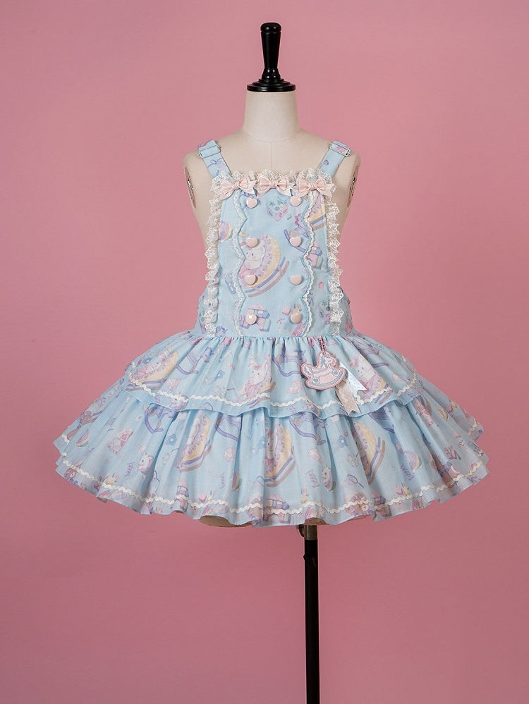 Cute Blue Lace Detailed Overall Gown with Detachable Apron Set - Vcastle