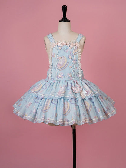 Cute Blue Lace Detailed Overall Gown with Detachable Apron Set - Vcastle