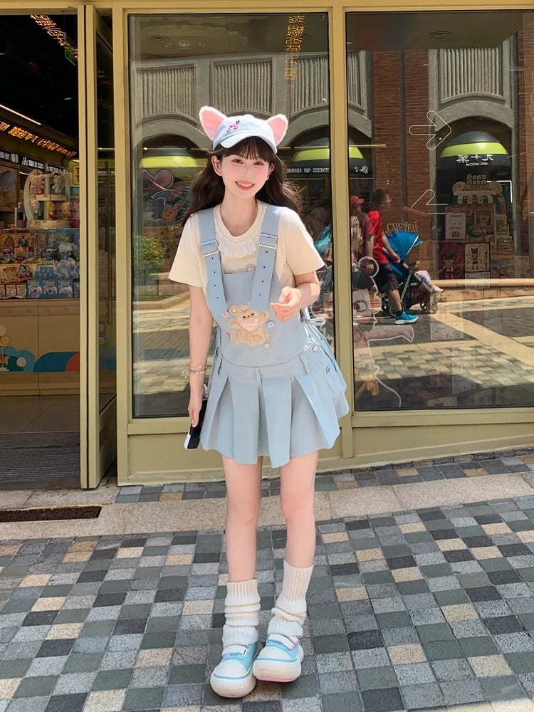 Verstellbare Plüschbär-Applikation, blaue Kellerfalte, Overall, Kleid, Träger, Schulter