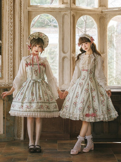 Light Green Floral Print Classic Bustier JSK Dress with Back Lace-Up - Miss Cube Dressworks