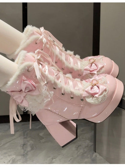 Sweet Pink 8CM High Heel Winter Boots with Lace & Heart Accents and Front Lacing - Witch's Night