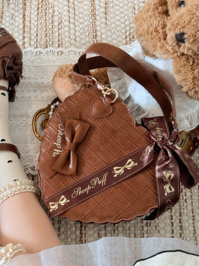 Pattern Accent Heart-shaped Sweet Lolita Style Carry Bag Chocolate Dark Brown - with Bow Triple
