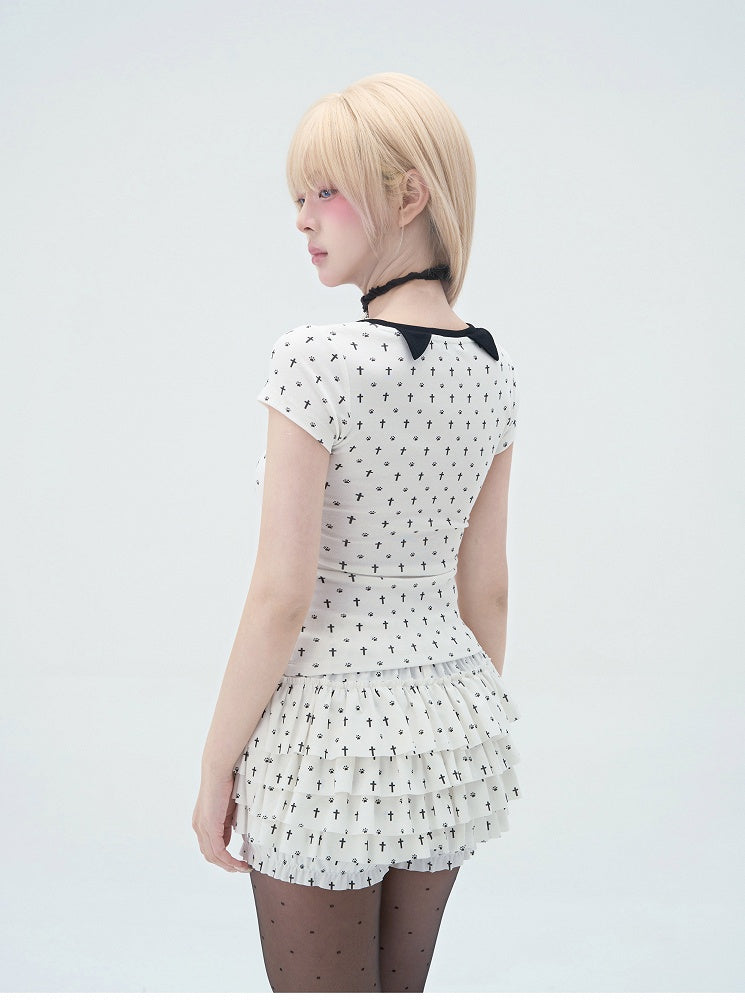 Pastel Gothic White Allover Cat Paw and Cross Print Tiered Ruffles Skort