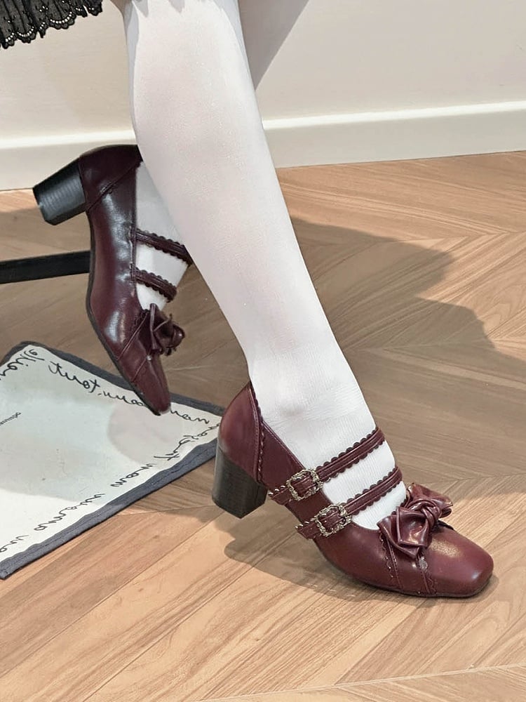 Red Wine Sweet Lolita Shoes at Bow Top