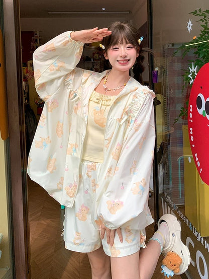 Jacke Hellgelb Niedlicher Bärendruck Sonnenschutz Mit Kapuze