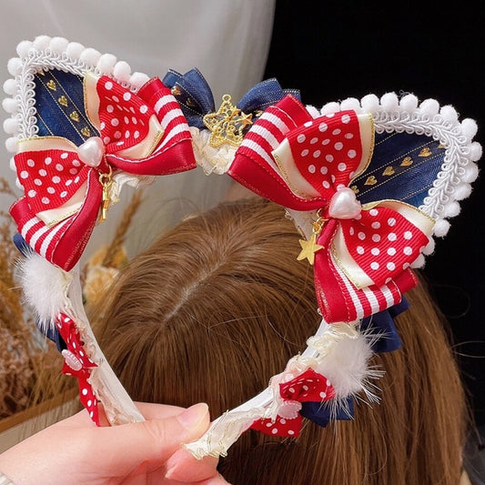 チャーム KC 猫のディテール 耳 蝶結び 星 赤青トリム レース