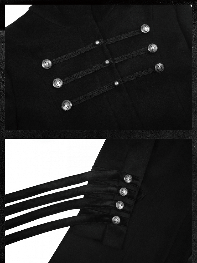 Long Gothic Coat Detials Strap Mock Neck Black with Buckle Royal
