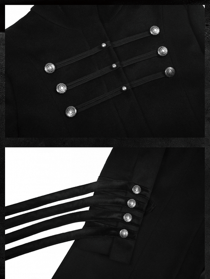 Long Gothic Coat Detials Strap Mock Neck Black with Buckle Royal