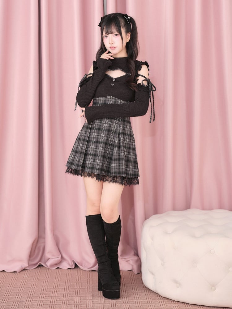Black Cut-Out Shoulder Knit Plaid Dress with Lace Trim - No Genki
