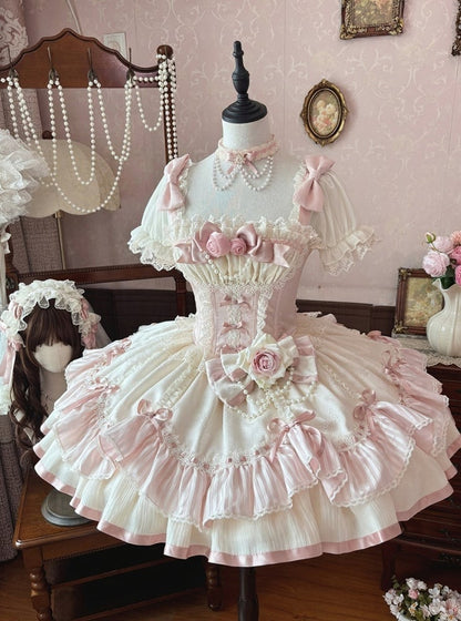 Ballet Pink Square Neck Puff Sleeve Lolita Dress with Roses - Rose Weaving Poetry