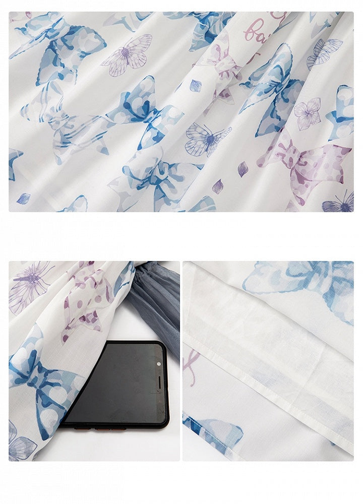 Sweet Bowknots Print Blue High Waist Retao Lolita Dress