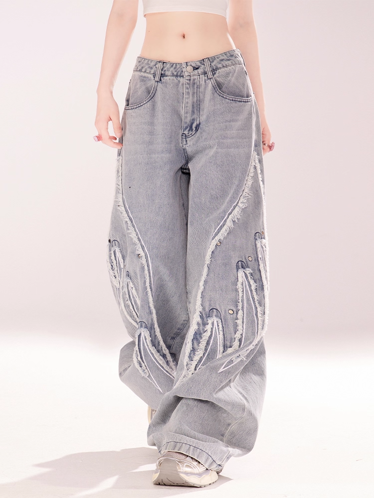 Vintage Wide-leg Jeans Light Blue Rise Wings Embroidery Applique Low