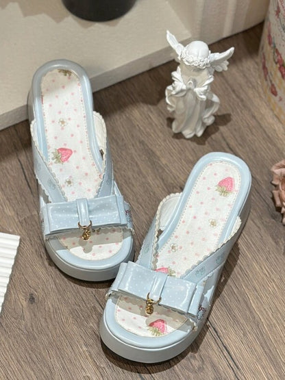 Blue Strawberry-Print Chunky Sandals with Charm Accents - Witch's Night