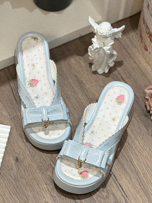 Blue Strawberry-Print Chunky Sandals with Charm Accents - Witch's Night