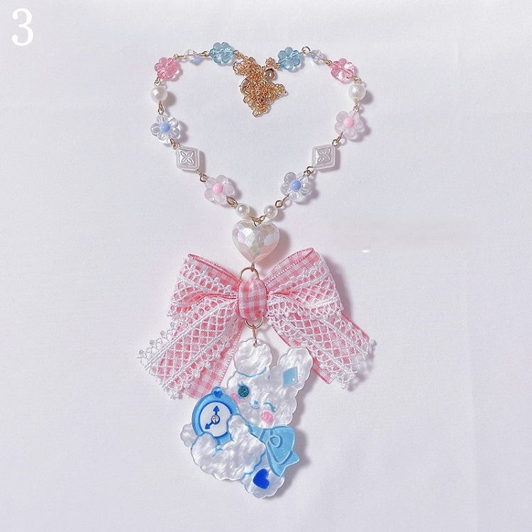 Hairclips/Keychain Blue Necklace/Rabbit Beads Ring/Rabbit Rabbit Pink Lace and Bow Pendant