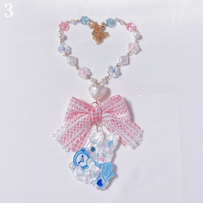Hairclips/Keychain Blue Necklace/Rabbit Beads Ring/Rabbit Rabbit Pink Lace and Bow Pendant
