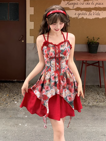 Front Red Rosette Print Cascading Ruffles Lace-up Cami Dress