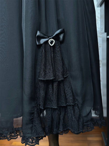 Hem Ruffles Tiered Dress Jirai Kei Black Chiffon Heart Buckles Waist