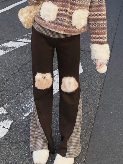 Brown Pants Knee with Flare Accents Patchwork Plaid Vintage-Inspired Fuzzy