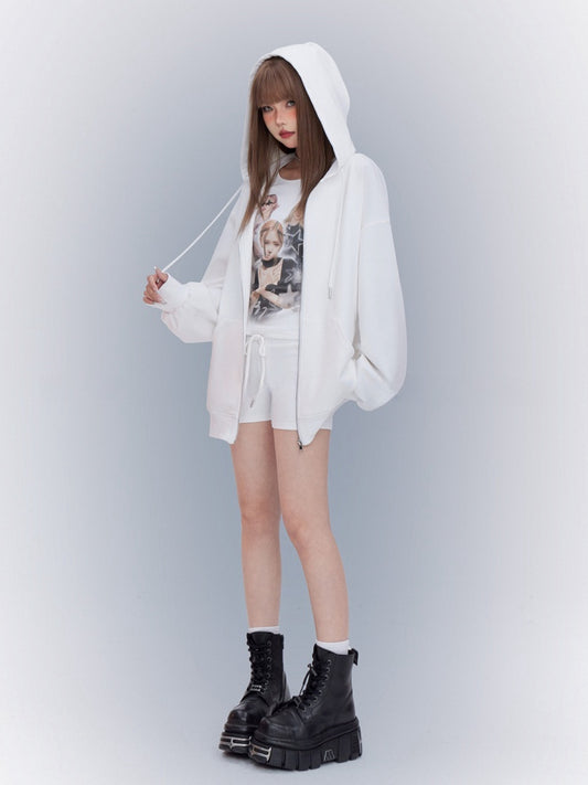 Sports Hoodie White Zip Closure Loose